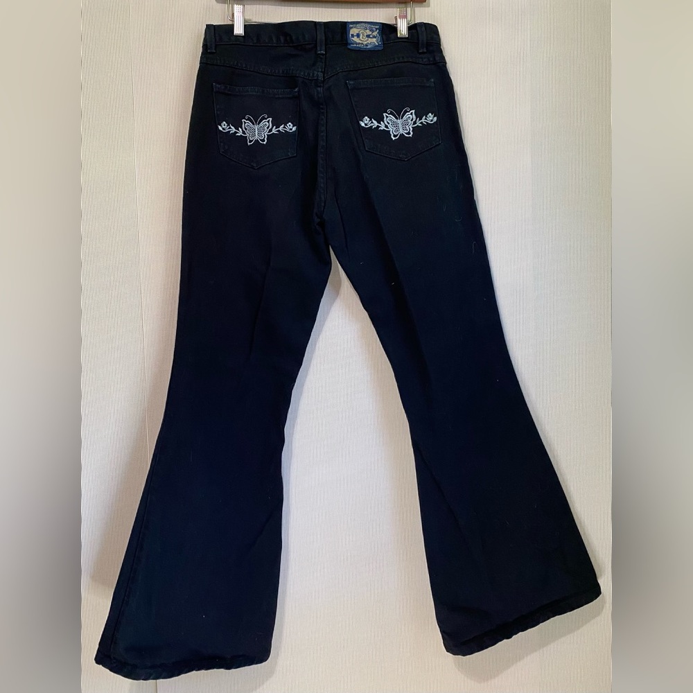 VTG Women’s Low Rise Flare Black Jeans Sz 13 Embroidered Pockets Hot & The Gang